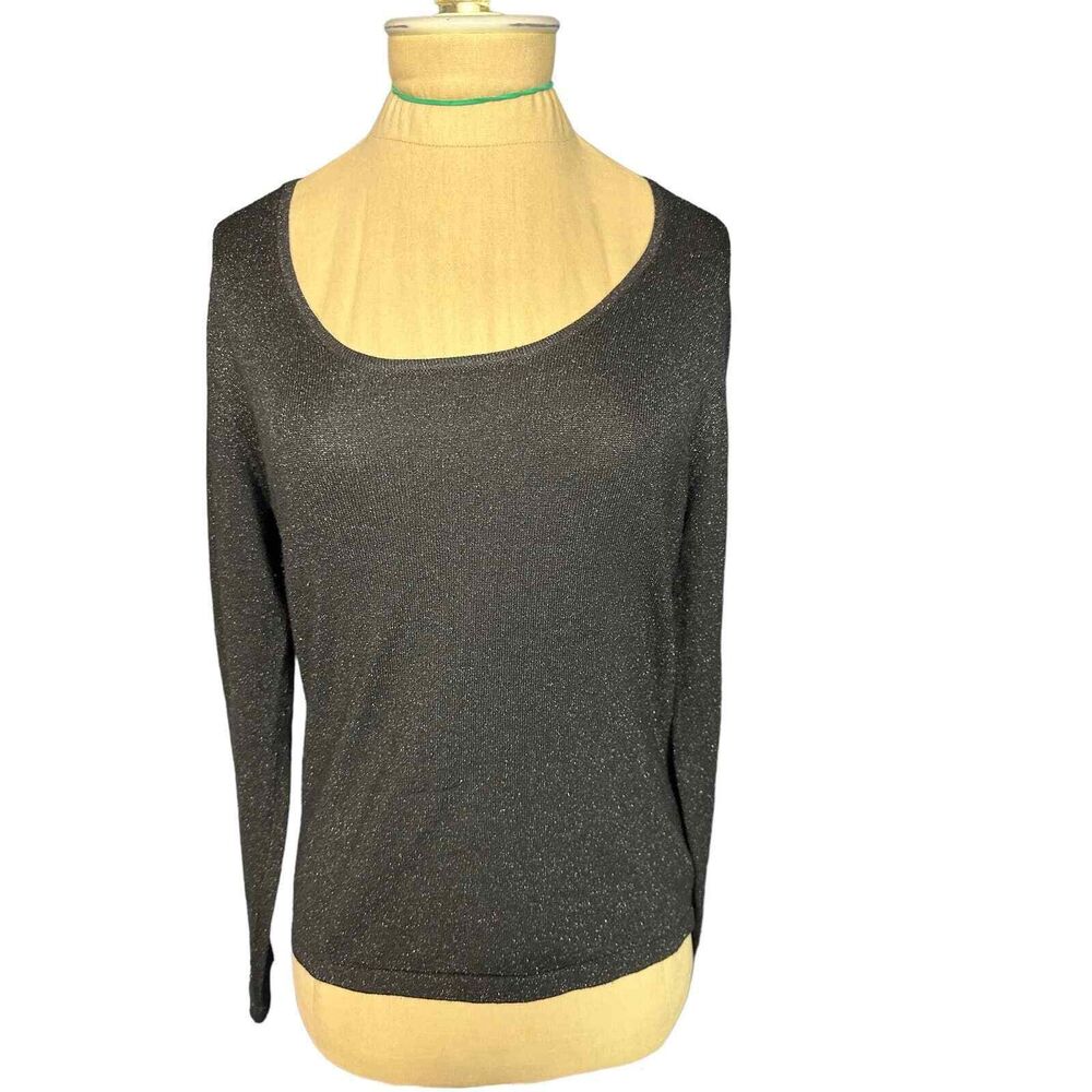 Ann Taylor Black Metallic Long Sleeve Top Holiday Sparkle Silk Blend Size Small